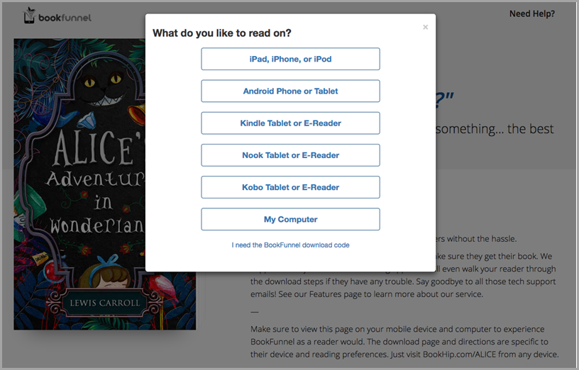 Screenshot of a Bookfunnel dialog box titled "What do you like to read on?", prompting the user to click on one of the following choices: iPad, iPhone or iPod; Android Phone or Tablet; Kindle Tablet or E-Reader; Nook Tablet or E-Reader; Kobo Tablet or E-Reader; My Computer.