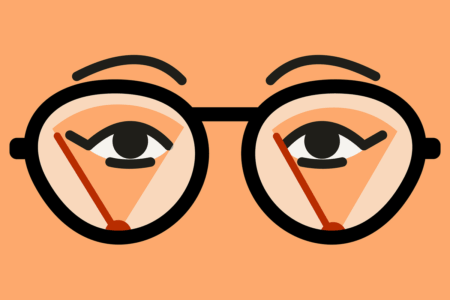 Image: an illustration of a pair of eyes looking through eyeglasses that have miniature windshield wipers attached to the lenses, wiping them clean.