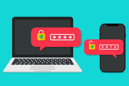 Image: a vector illustration of a laptop computer requesting that it be unlocked via a security code displayed on a nearby smartphone.