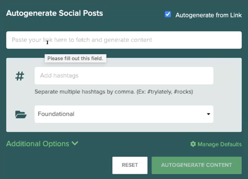 Lately screenshot of 'Autogenerate Social Posts' feature