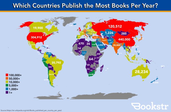 Map of the world showing which countries publish the most books per year.