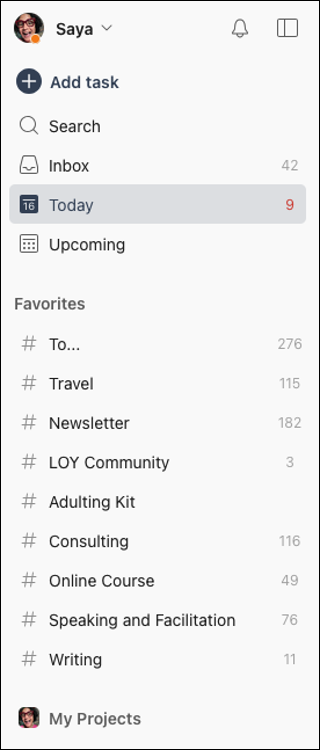 Image: screenshot showing that in the Todoist navigation panel the user has grouped frequently-accessed projects under the heading Favorites.