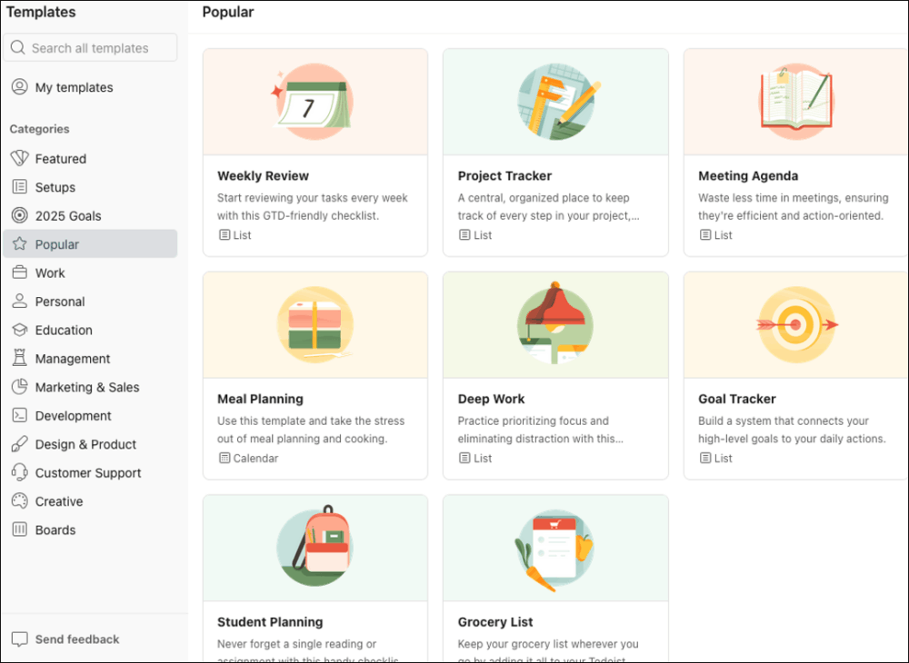 Image: screenshot of a the Popular list under Templates, showing pre-existing templates available to all users, with examples including Project Tracker, Meeting Agenda, Meal Planning, Deep Work, Grocery List, and more.