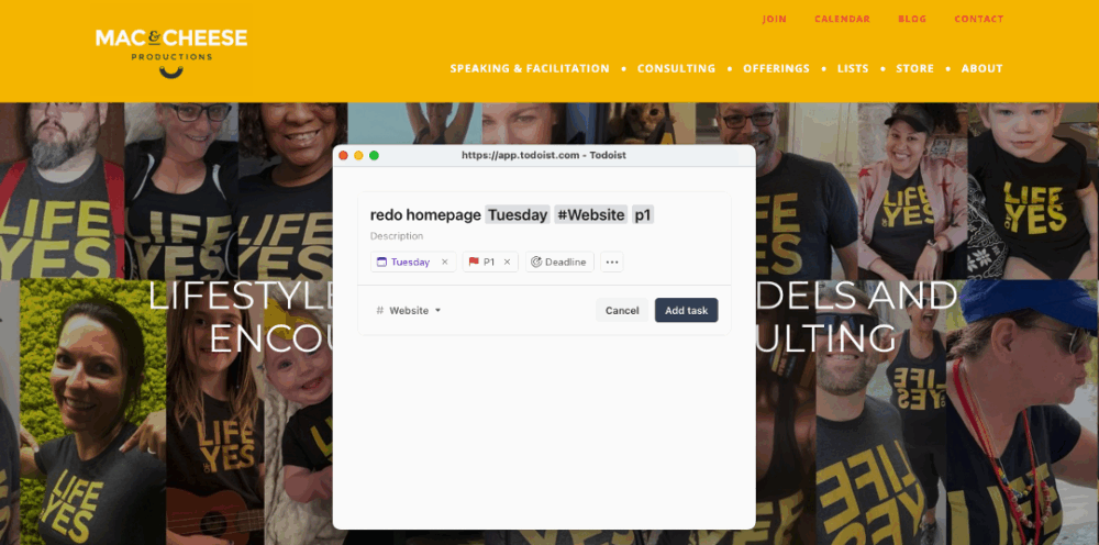 Image: screenshot of a newly created task of “redo homepage.” Typing “Tuesday” has caused the app to assign the next Tuesday as the due date; typing “#website” has caused the app to group the task with others pertaining to website duties; and typing “p1” has assigned Priority 1 to the task.