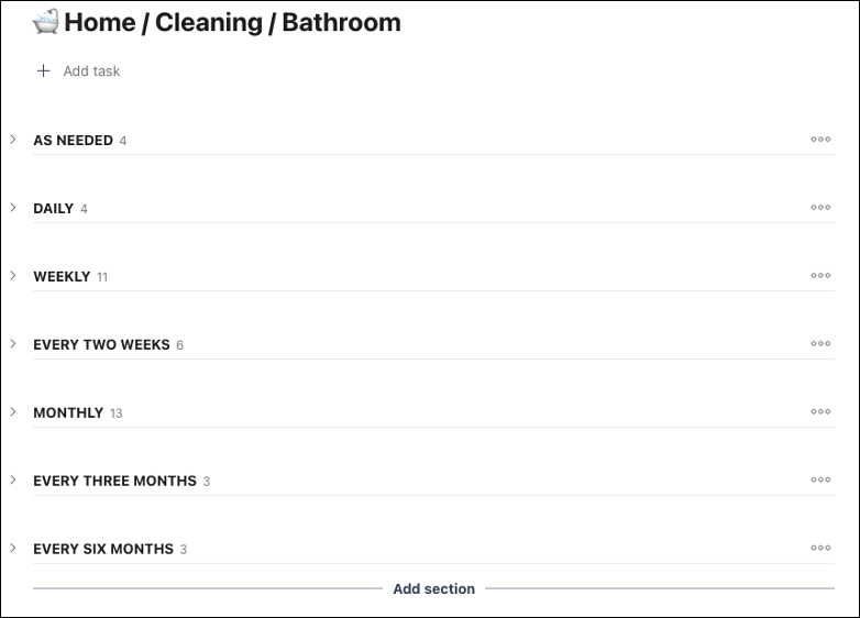 Image: screenshot of a Todoist project titled “Home / Cleaning / Bathroom” nested under which are collapsible sections labeled “As Needed”, “Daily”, “Weekly”, “Every two weeks”, “Monthly”, “Every three months”, and “Every six months”, each showing the number of sub-tasks within them.