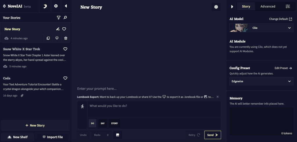 Screenshot of NovelAI’s default interface for a new project.