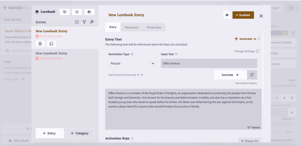 Screenshot of NovelAI’s Lorebook interface.