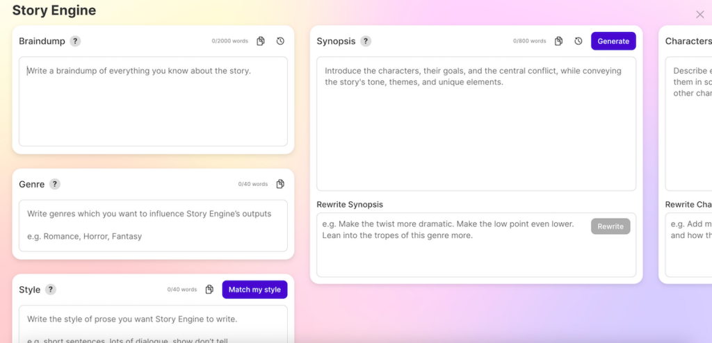 Screenshot of Sudowrite’s Story Engine