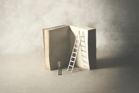 Image: illustration of a man looking up at a ladder which is propped against the open page of an oversized book.