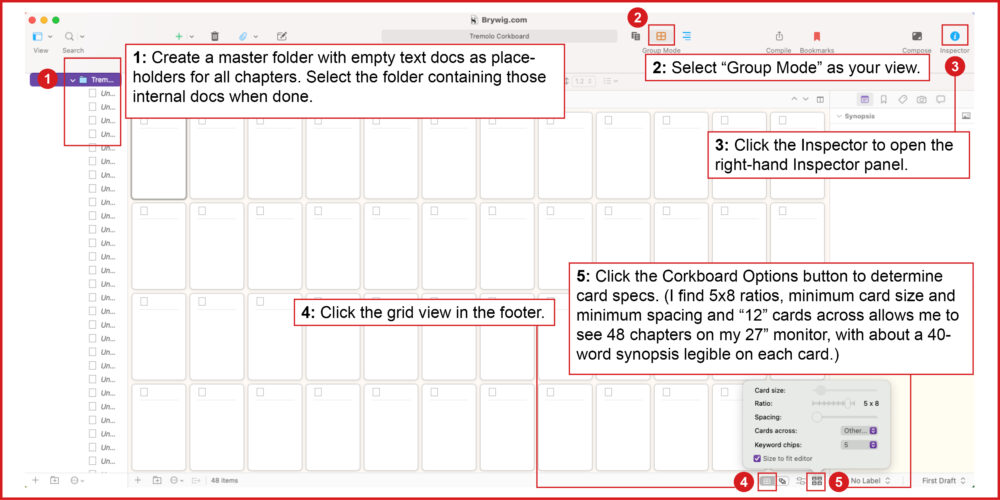 Image: The first of two screenshots of a chapter grid template the author has created in Scrivener, seen in corkboard view, with callouts numbered one through five identifying the steps that readers can follow to create their own templates.