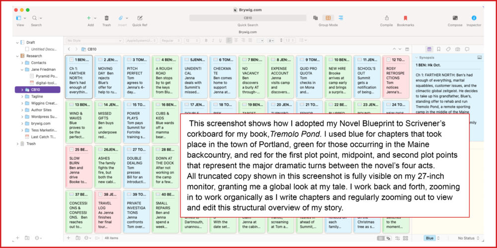 Image: A screenshot showing how the author has populated his story details into the Scrivener chapter grid template introduced in the previous two images, with 48 color-coded blocks that identify the book’s chapters, scenes, characters, settings, and plot structure.