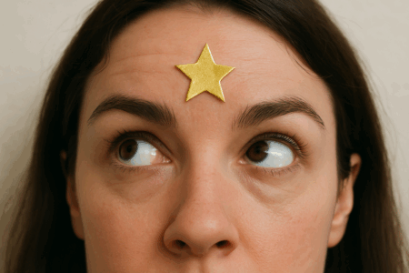 Image: a woman with a gold star applied to her forehead casts her glance aside.