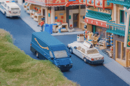 Image: close-up photo of an urban scene in a city made from Legos, at LegoLand in Carlsbad, California.