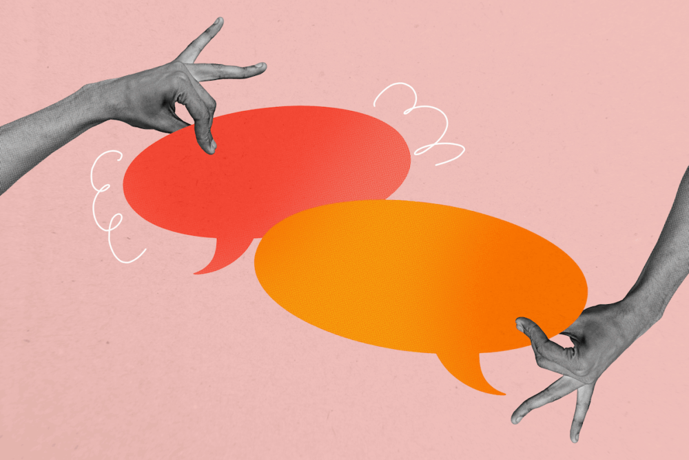 Image: a colorful graphic in a collage style depicting hands reaching in from the left and right sides, each holding a word balloon, overlapping one another as if in conversation.
