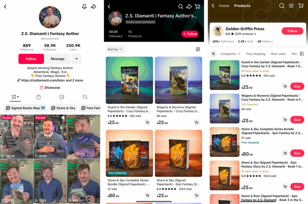 Left to right: Z.S. Diamanti’s personal TikTok account. If you click on Showcase, you’ll jump to a product view (middle image) showing all the products that he’s an affiliate for—in this case, all of his own books. The far right image shows the TikTok Shop for Golden Griffin Press, the name of his publishing imprint. Note that big publishers, such as Hachette, have official shops on TikTok with a Visit Shop button on their profile. Self-published authors typically fall into the category of independent sellers who can earn gold-star-seller status or silver-star-seller status, indicating a track record of customer service and quality.
