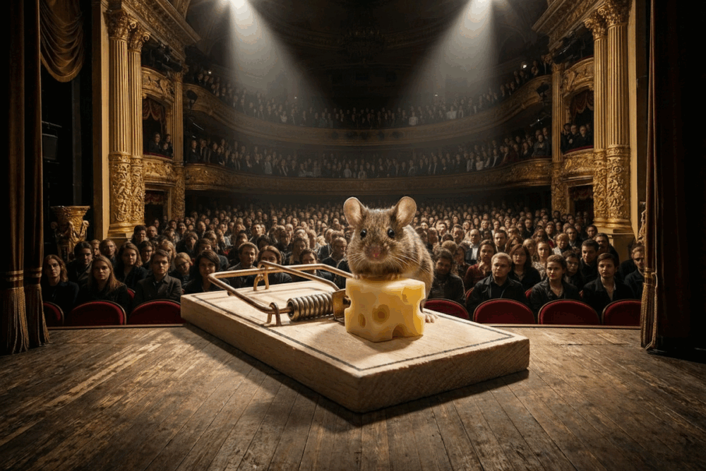 Image: In an elegant theater with a full audience, on the stage is a mousetrap baited with a cube of Swiss cheese at which sits a mouse.