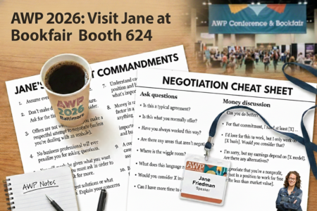 Image: a collage of some of the swag Jane will offer at AWP, with the text, "AWP 2026: Visit Jane at Bookfair Booth 624."