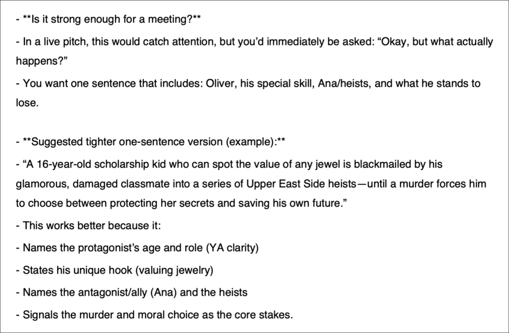 Screenshot from Request the Full, showing Pitch Suggestions based on the polished query and first 5,000 words.