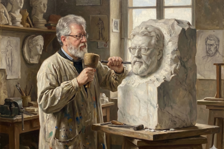 Image: an illustration of the blog post's author, John Bernoff, standing in an artist's studio and using hand tools to carve a likeness of himself from a block of marble.