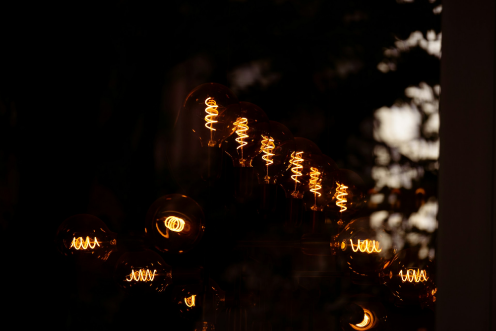 Image: in a darkened room is seen a row of illuminated coils inside dimly-lit lightbulbs.