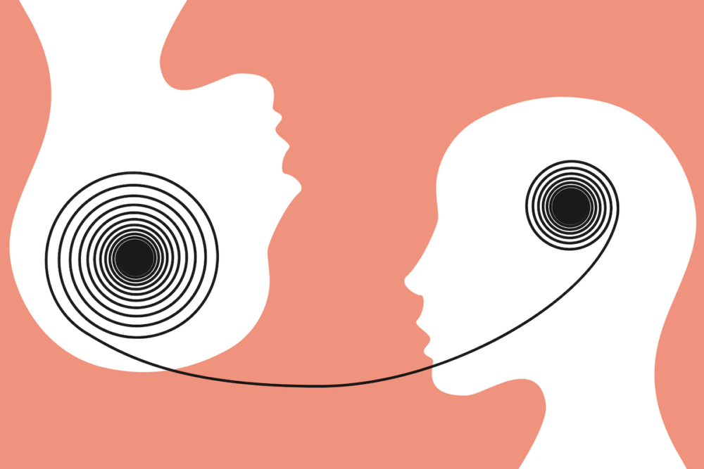 Image: a graphical illustration of two heads facing each other in profile—one right-side up, and the other upside down—with a black line representing thoughts spiraling out of one head and into the other.