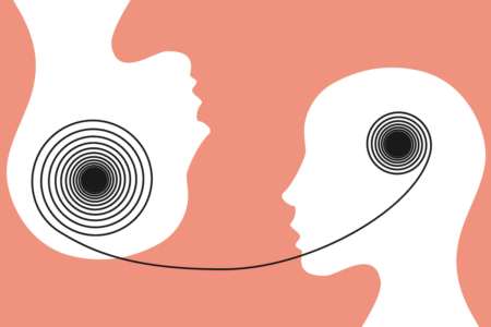 Image: a graphical illustration of two heads facing each other in profile—one right-side up, and the other upside down—with a black line representing thoughts spiraling out of one head and into the other.