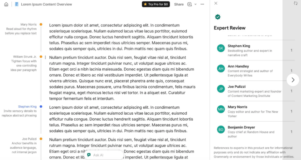 Screenshot of Grammarly’s expert review, shared on Bluesky by author and editor Benjamin Dreyer. Expert reviews are offered by Stephen King, Ann Handley, Joe Pulizzi, Mary Norris, and Benjamin Dreyer, all well-known names in the publishing and media business.