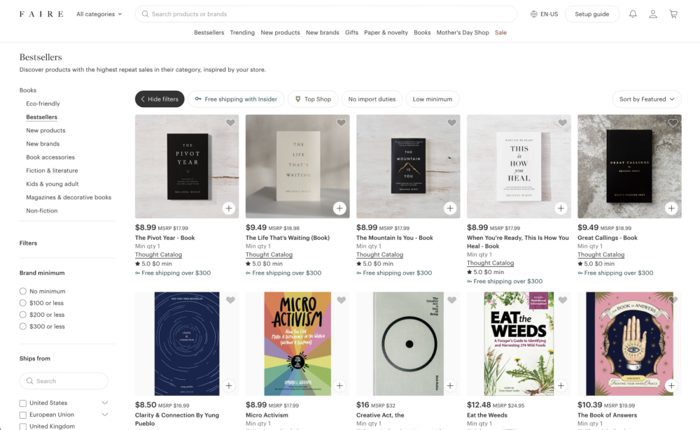 Image: Faire marketplace website, with the category Books > Bestsellers selected. Publisher Thought Catalog dominates the first row of titles.