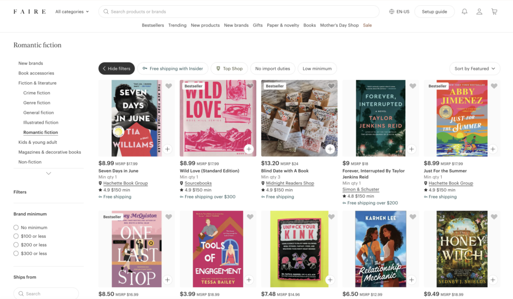 Image: Faire marketplace website, with Books > Fiction & literature > Romantic fiction selected. Publishers represented include Hachette, Sourcebooks, and Simon & Schuster.