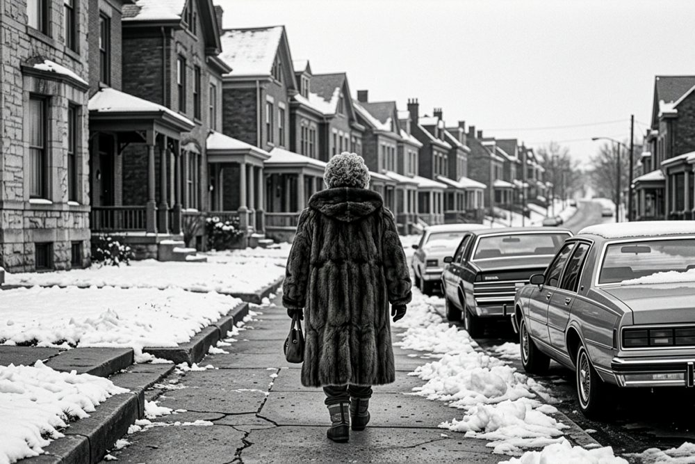 Image: an elderly woman wearing a fur coat walks away from the viewer down a residential street in winter.