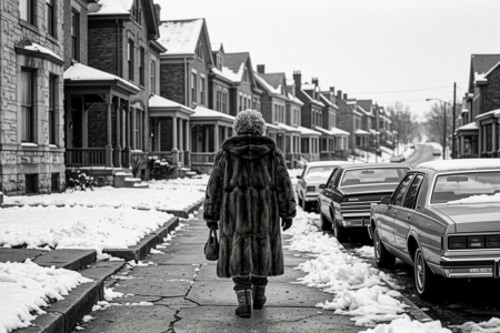 Image: an elderly woman wearing a fur coat walks away from the viewer down a residential street in winter.