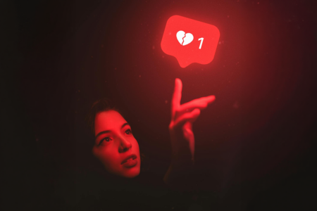 Image: A woman reaches up a hand to touch a social media notification icon—displaying one broken heart—that hovers in the air above her, emitting a red glow.