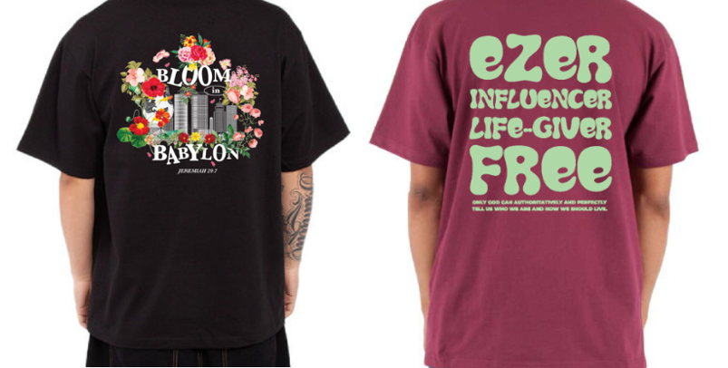 Image: On the left is a t-shirt emblazoned with a complex, multi-color graphic combining images and text. On the right is a t-shirt on which is printed only a single-color text.