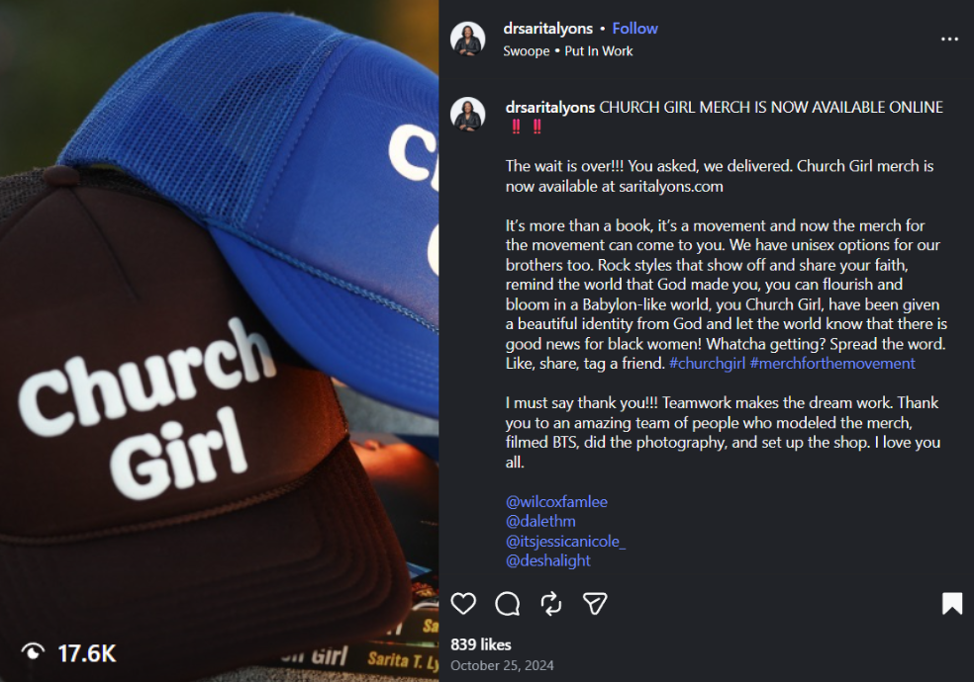 Image: screenshot of a social media post by Dr. Sarita Lyons announcing availability of Church Girl-branded baseball caps.
