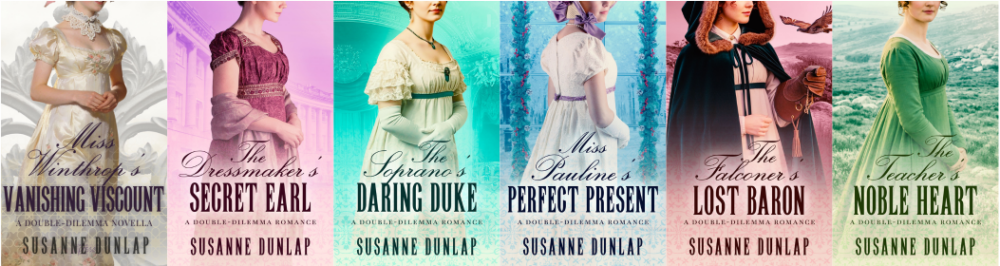 Image: covers of six books in the Double-Dilemma Romance series by Susanne Dunlap
