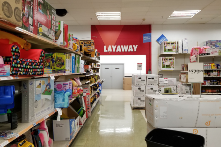 Image: The Layaway department of a somewhat shabby department store.